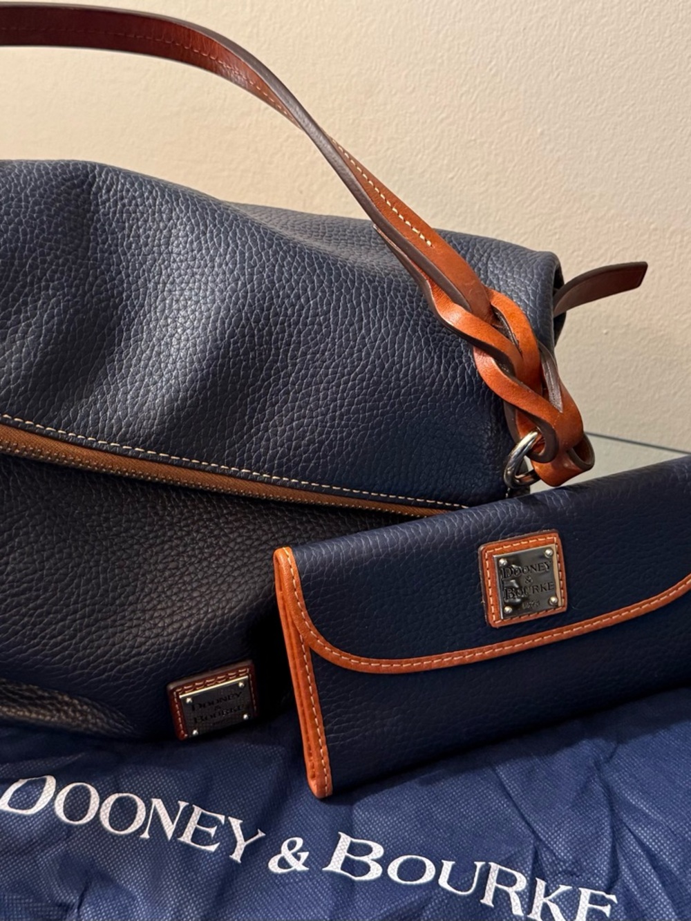 Dooney & Bourke Navy and Brown Pebbled Leather Shoulder Bag with Wallet